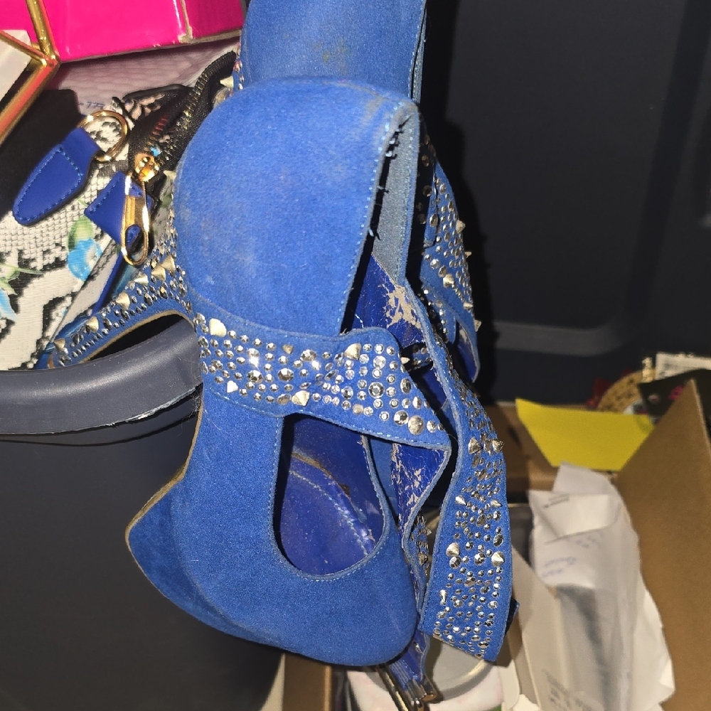 Blue Suede Heels with Rhinestones